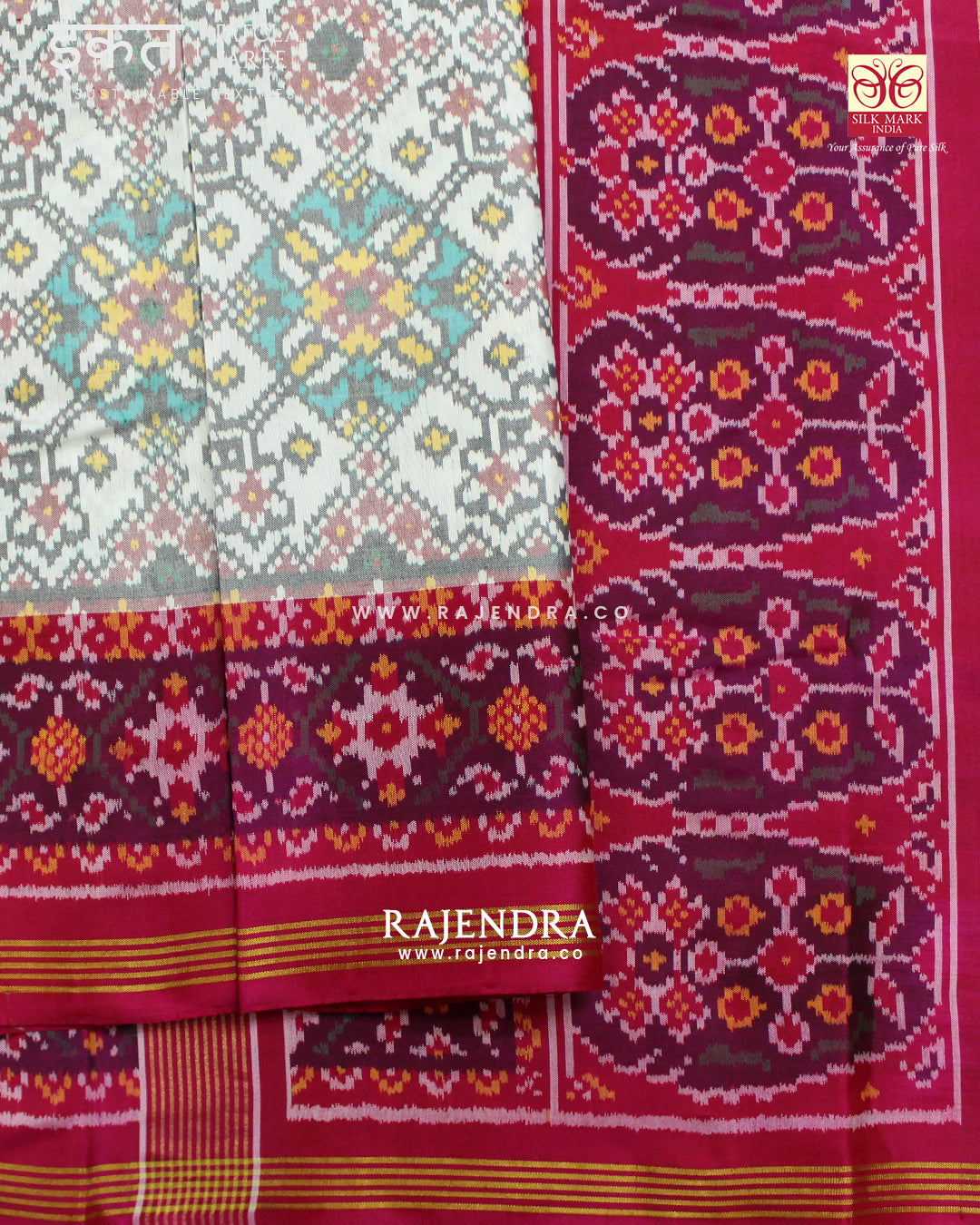 Traditional Navratna Pink and White Semi Double Ikat Rajkot Patola Saree