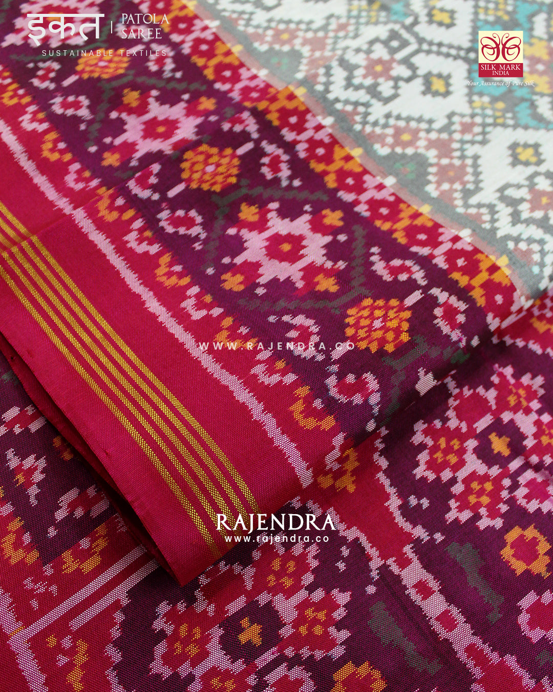 Traditional Navratna Pink and White Semi Double Ikat Rajkot Patola Saree