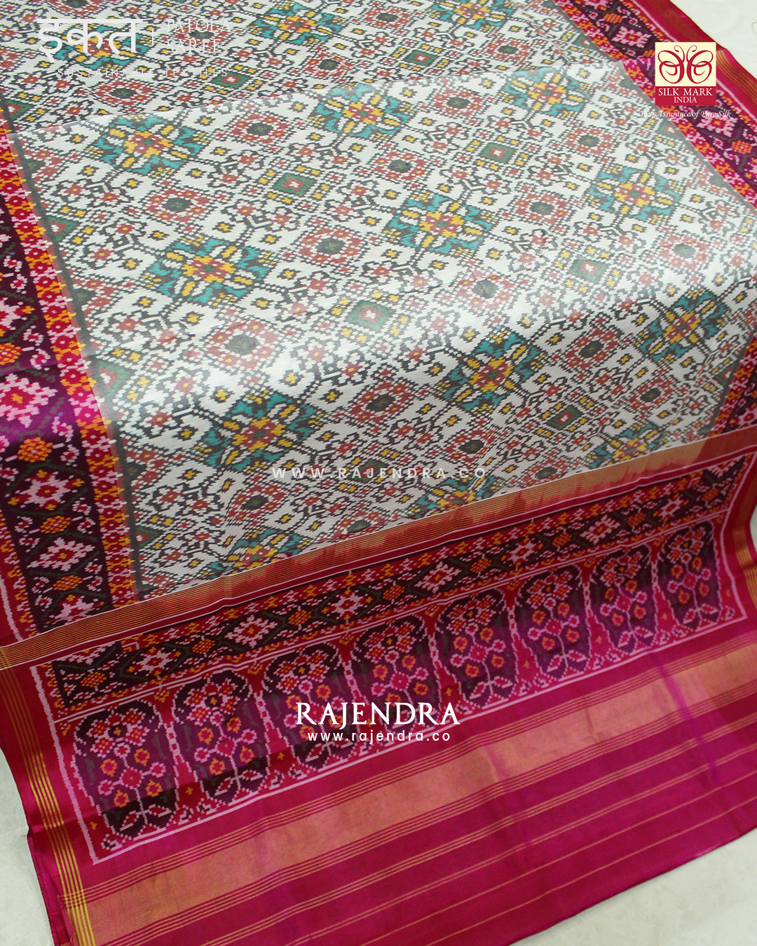 Traditional Navratna Pink and White Semi Double Ikat Rajkot Patola Saree