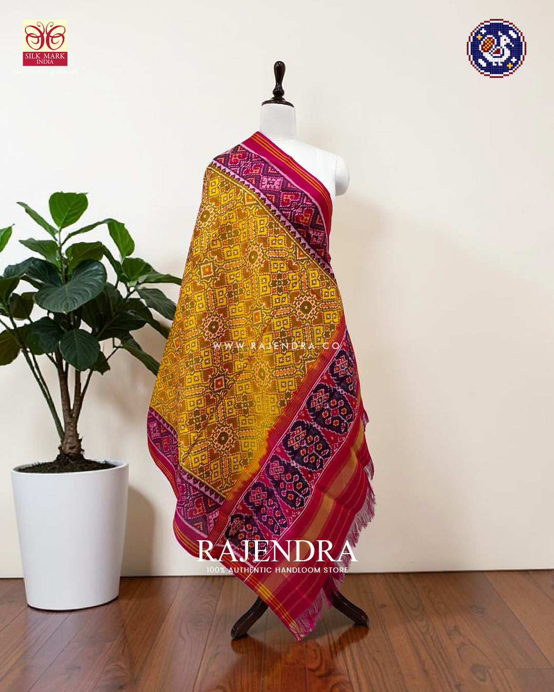 Traditional Manekchowk Design Pin and Yellow Ikat Rajkot Patola Dupatta