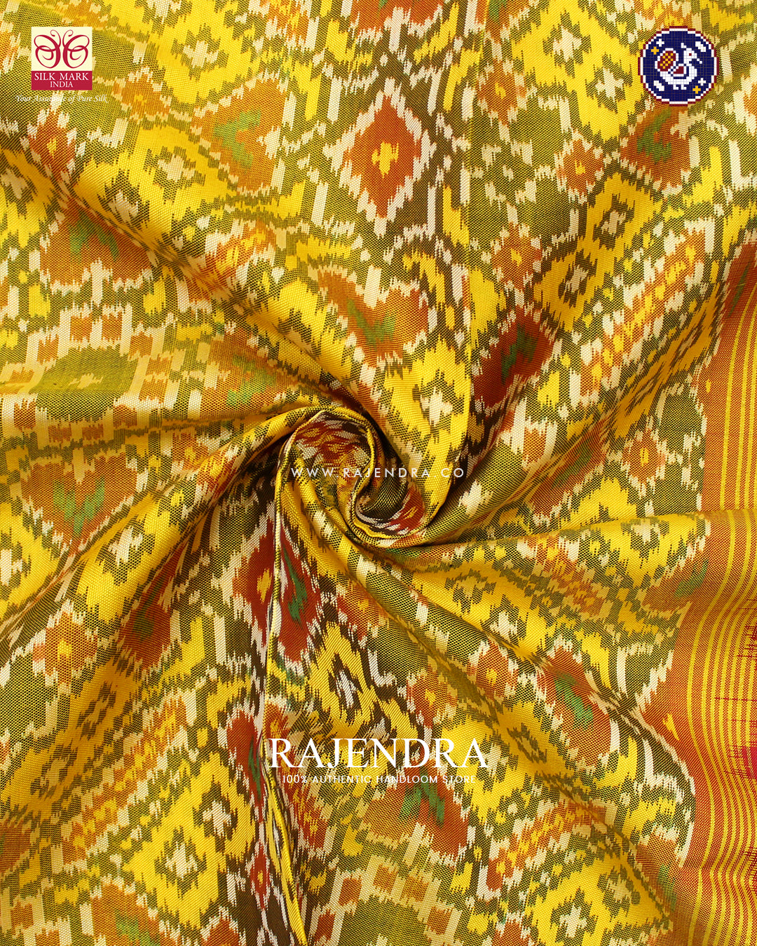 Traditional Manekchowk Design Pin and Yellow Ikat Rajkot Patola Dupatta