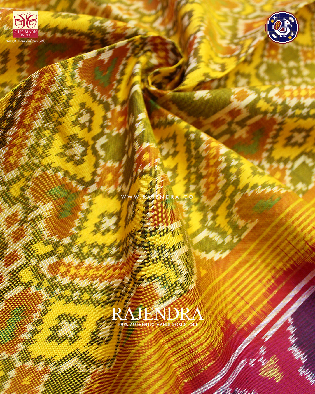 Traditional Manekchowk Design Pin and Yellow Ikat Rajkot Patola Dupatta