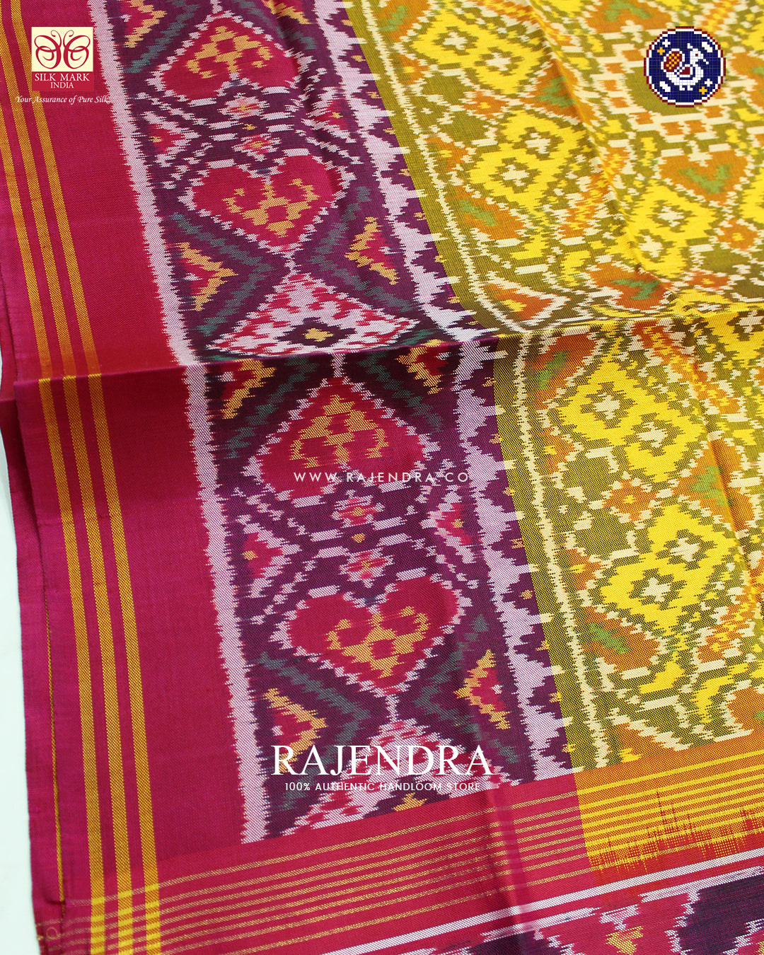 Traditional Manekchowk Design Pin and Yellow Ikat Rajkot Patola Dupatta