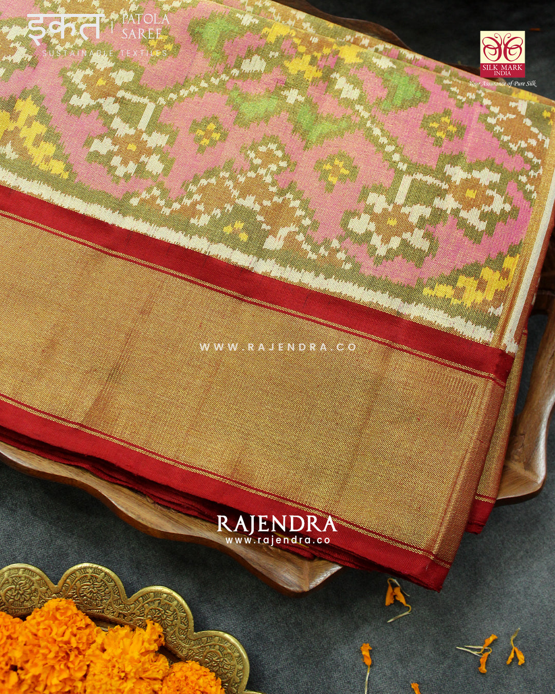 Zari x Silk Navratna Bhat Red and Pink SIngle Ikkat Rajkot Patola Saree