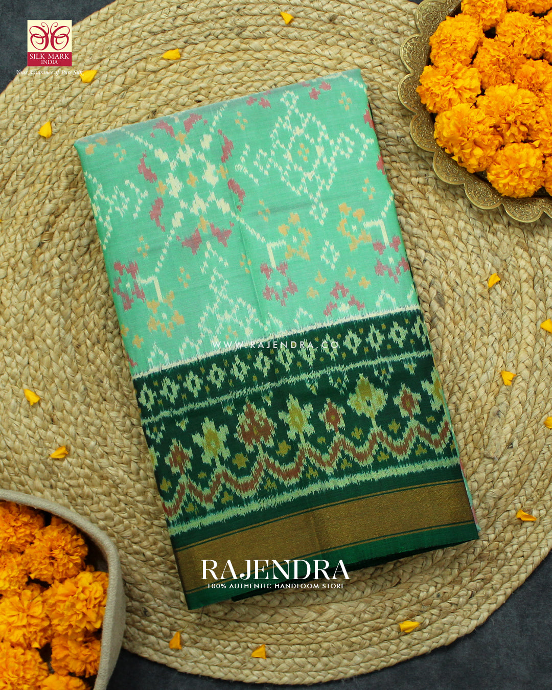 Traditional Navratna Design Pista and Green Single Ikat Rajkot Patola Saree