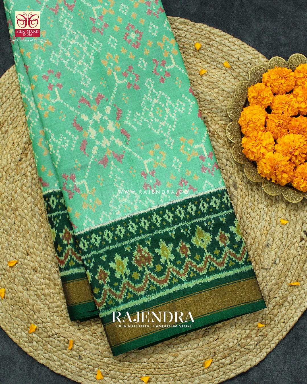 Traditional Navratna Design Pista and Green Single Ikat Rajkot Patola Saree