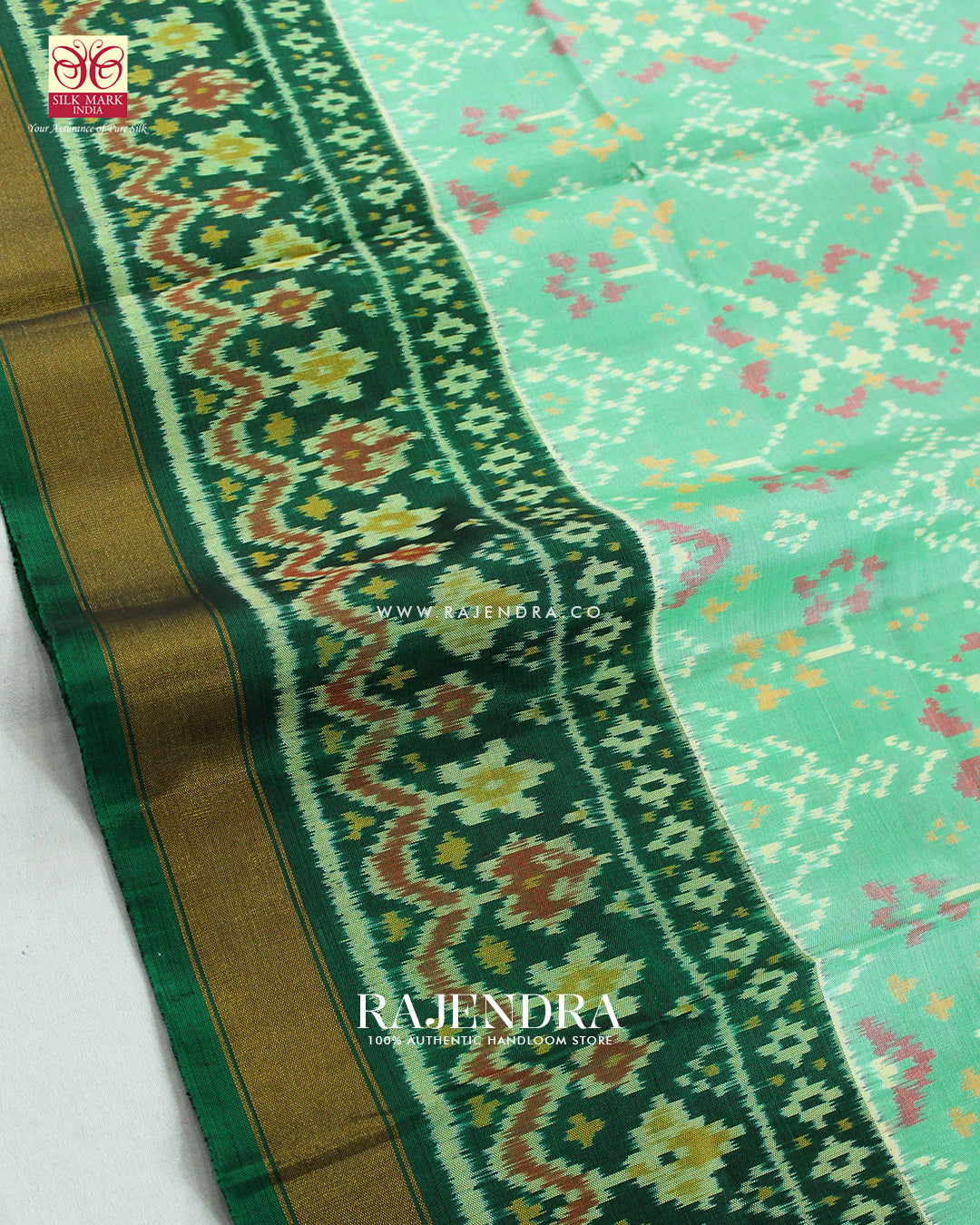 Traditional Navratna Design Pista and Green Single Ikat Rajkot Patola Saree