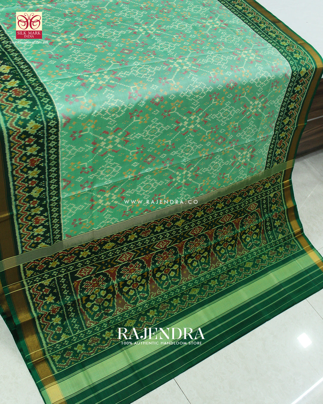 Traditional Navratna Design Pista and Green Single Ikat Rajkot Patola Saree