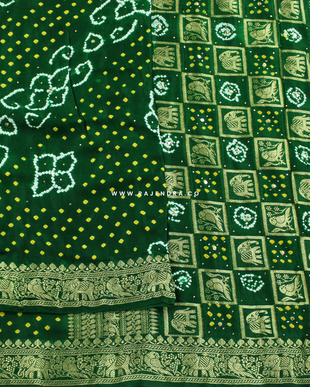 Traditional Nakshi Border Pure Gaji Silk Bandhani Saree with Mukesh Work