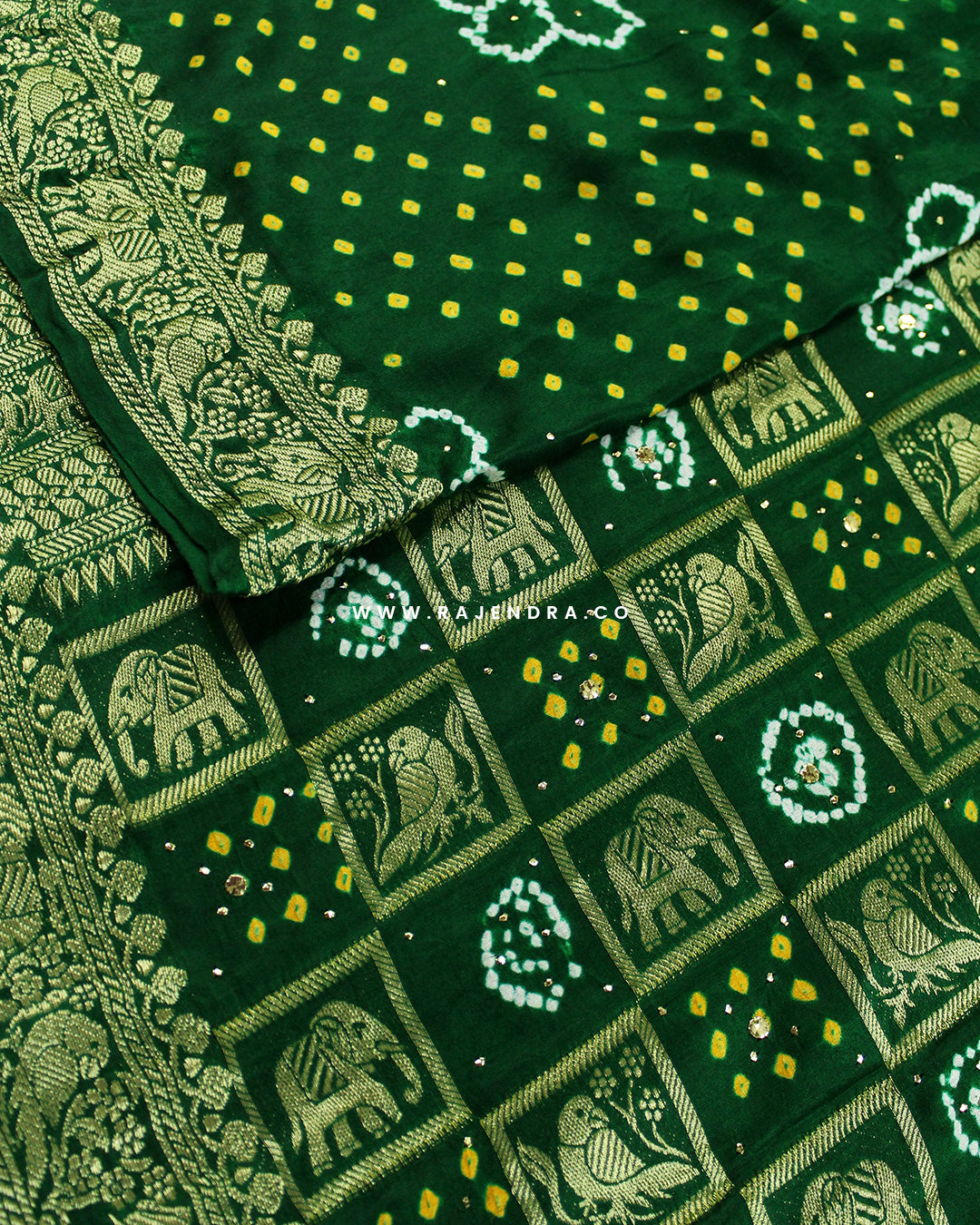 Traditional Nakshi Border Pure Gaji Silk Bandhani Saree with Mukesh Work