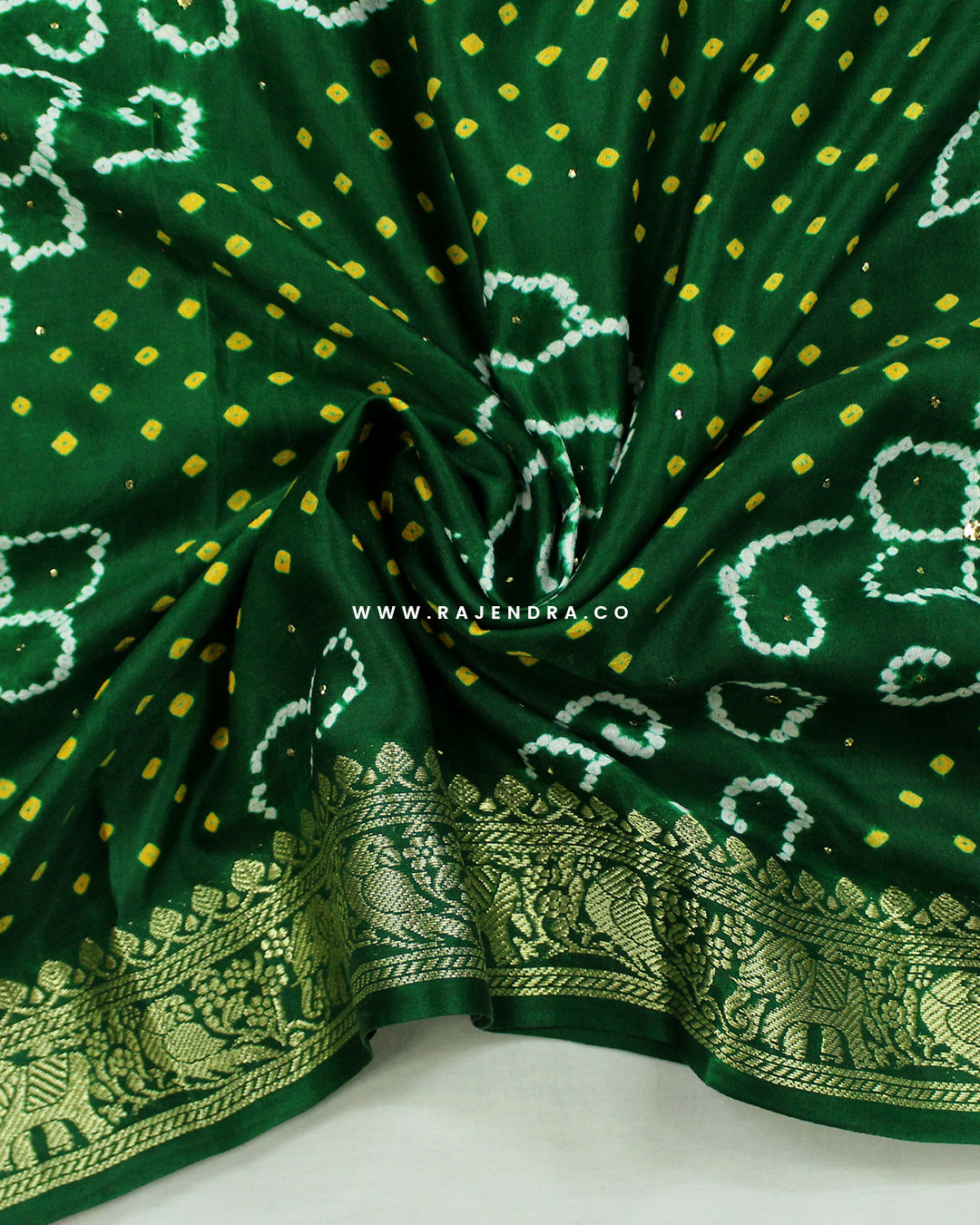 Traditional Nakshi Border Pure Gaji Silk Bandhani Saree with Mukesh Work