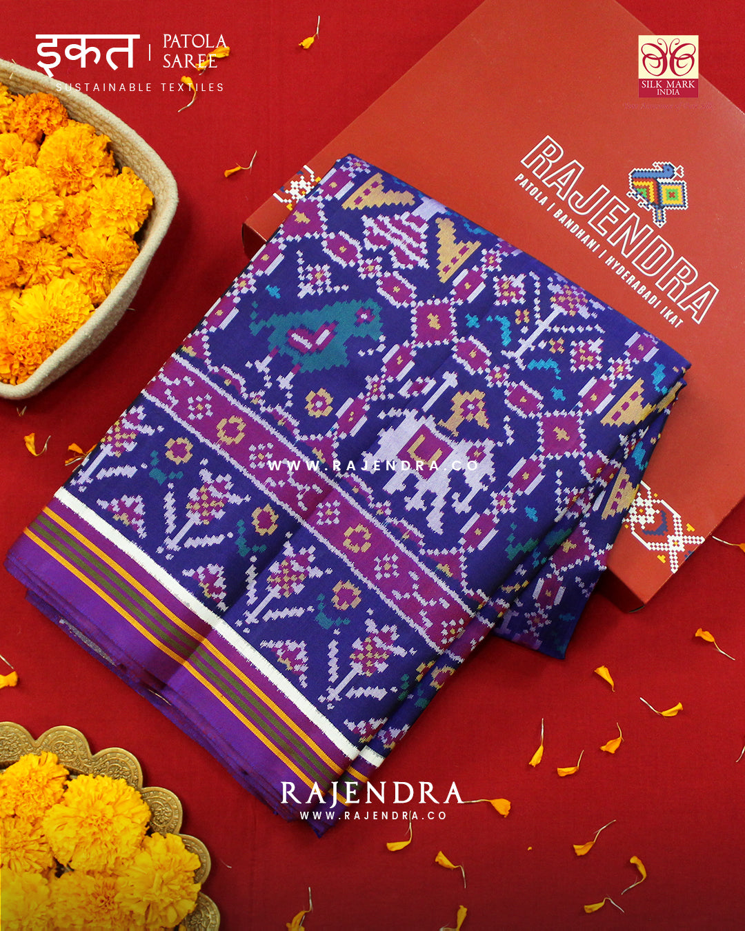 Exclusive 4 Figure Purple and Blue Semi Double Ikat Rajkot Patola Saree