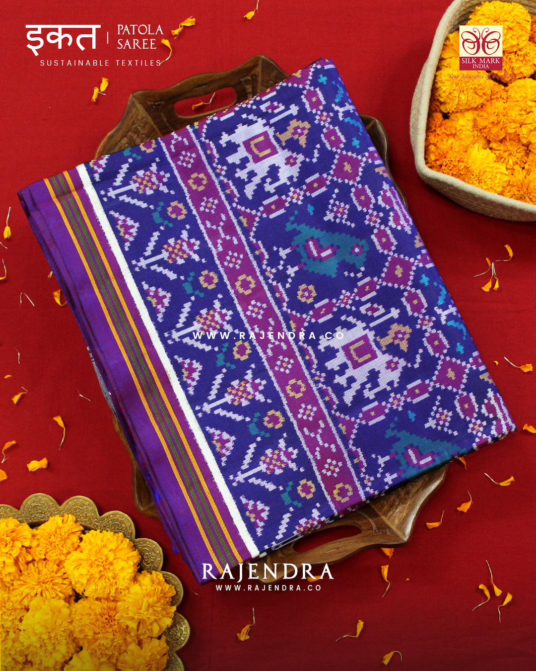 Exclusive 4 Figure Purple and Blue Semi Double Ikat Rajkot Patola Saree