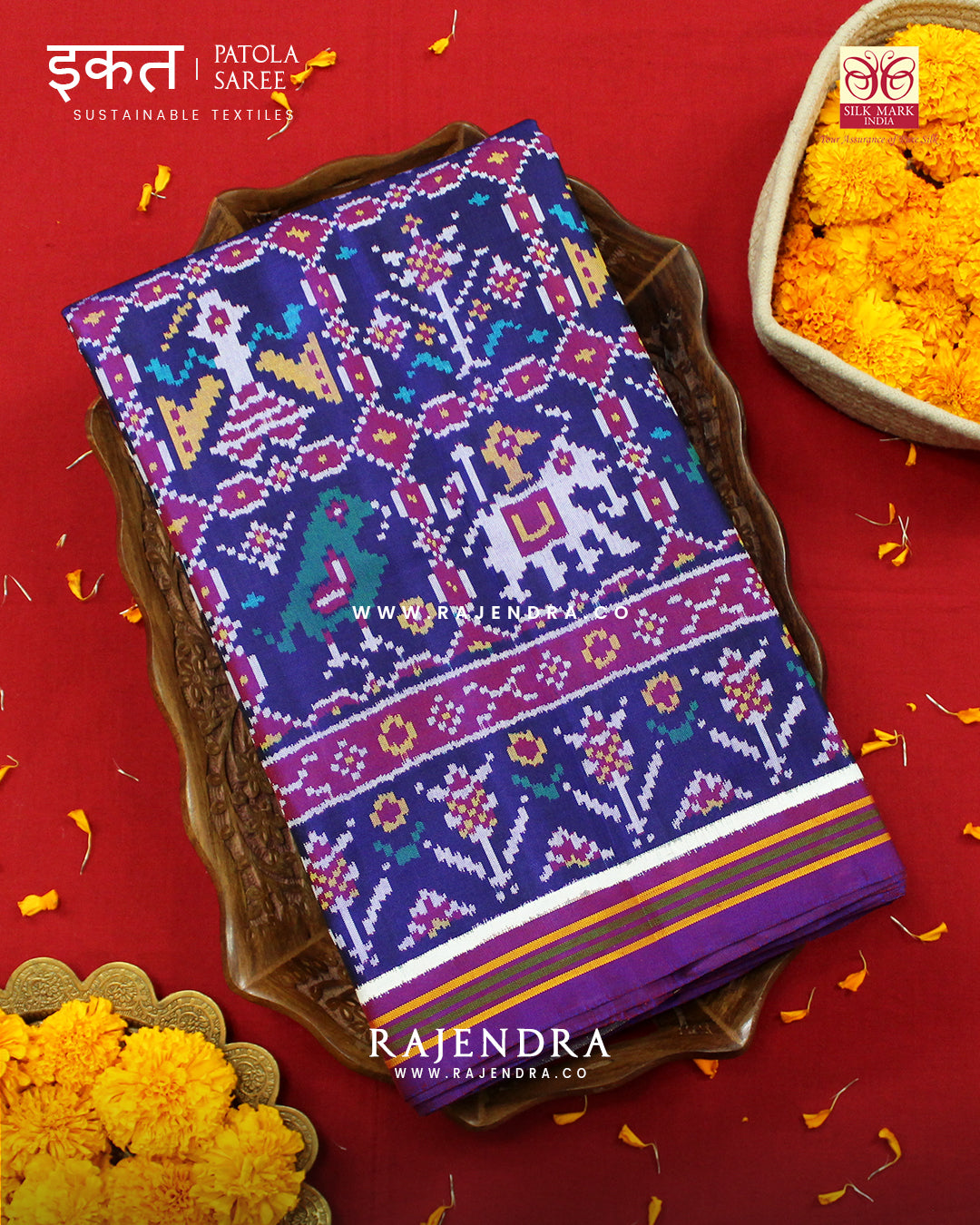 Exclusive 4 Figure Purple and Blue Semi Double Ikat Rajkot Patola Saree