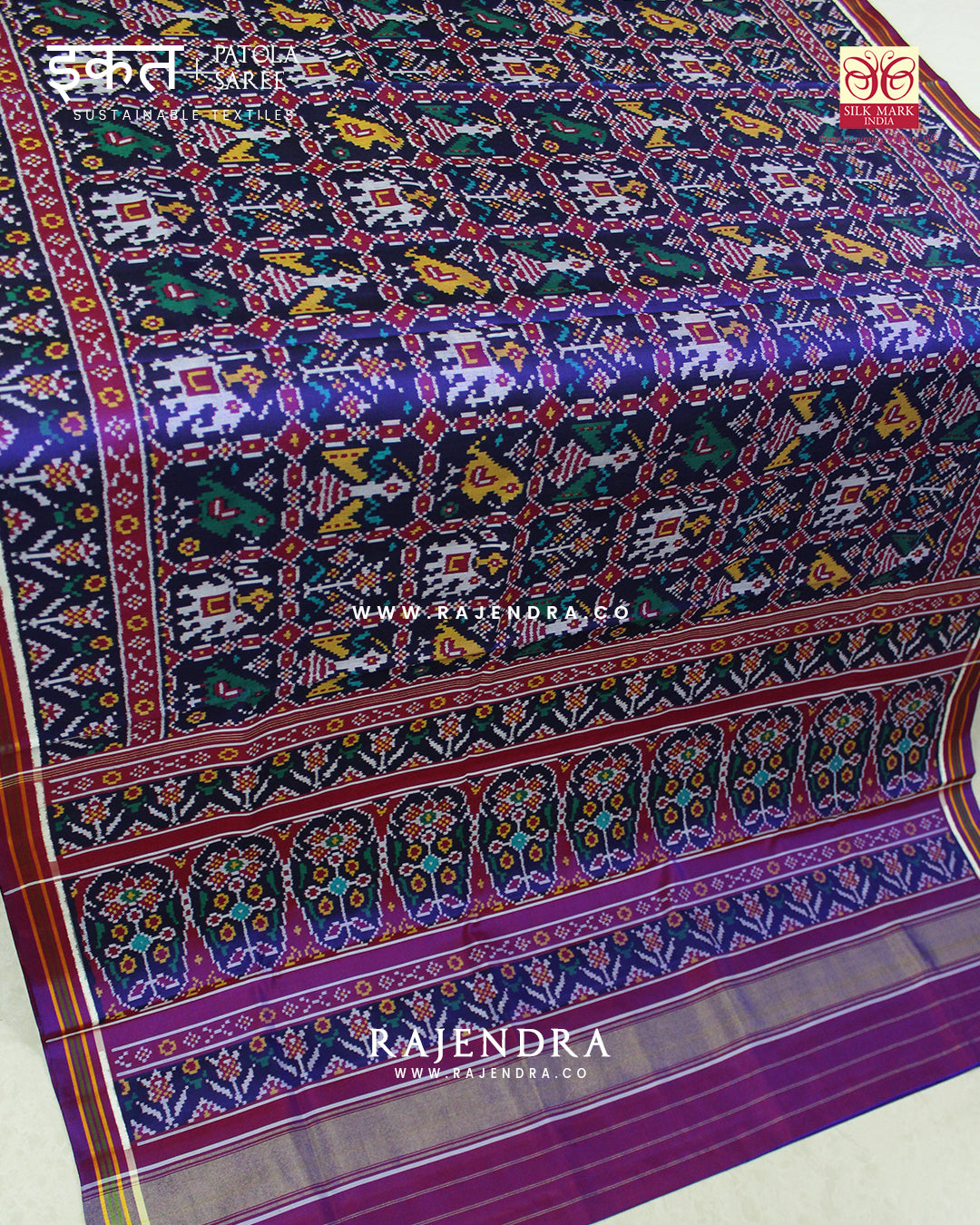 Exclusive 4 Figure Purple and Blue Semi Double Ikat Rajkot Patola Saree