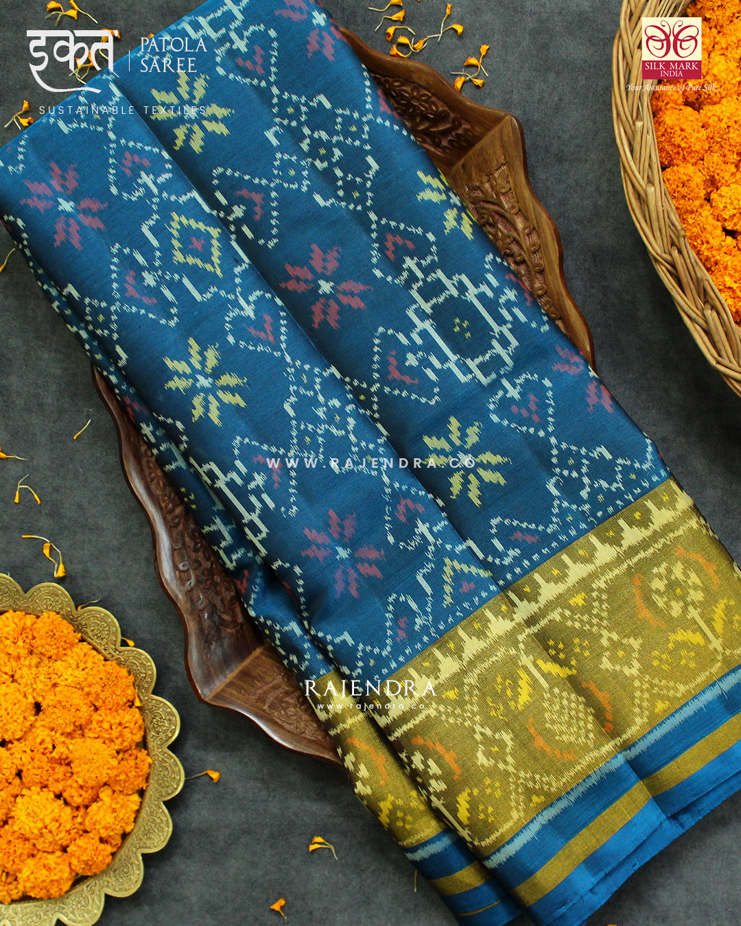 Traditional Manekchowk Design Rama Blue Single Ikat Rajkot Patola Saree