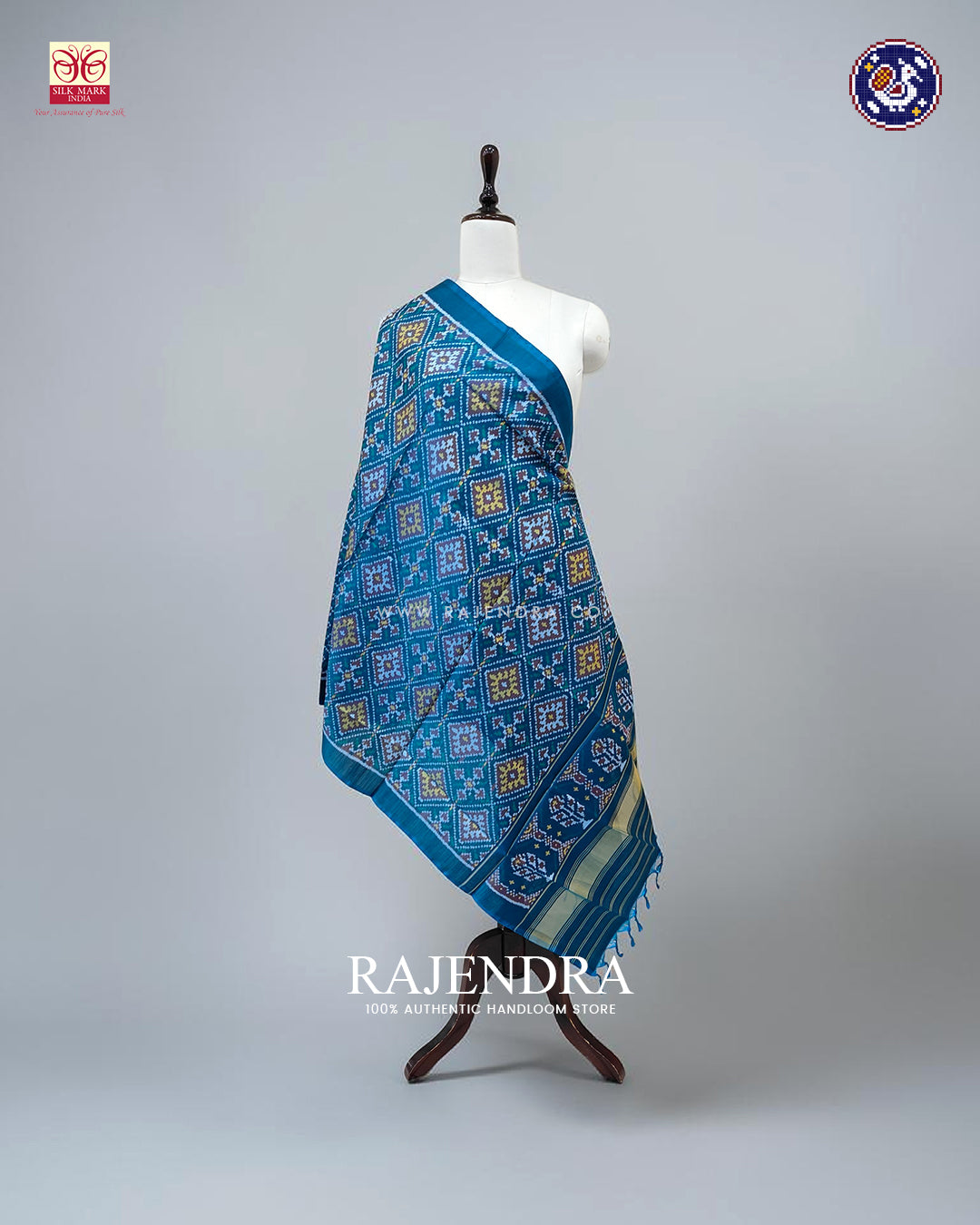Exclusive Panchanda Design Peacock Blue Ikat Rajkot Patola Dupatta