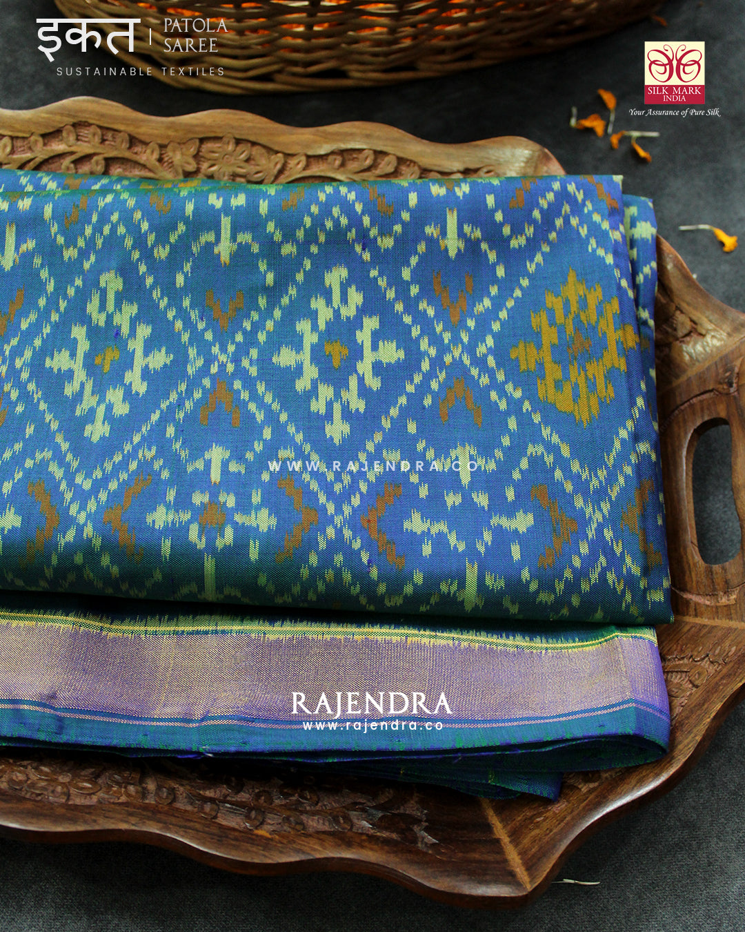 Traditional Panchanda Bhat Blue Single Ikat Rajkot Patola Saree
