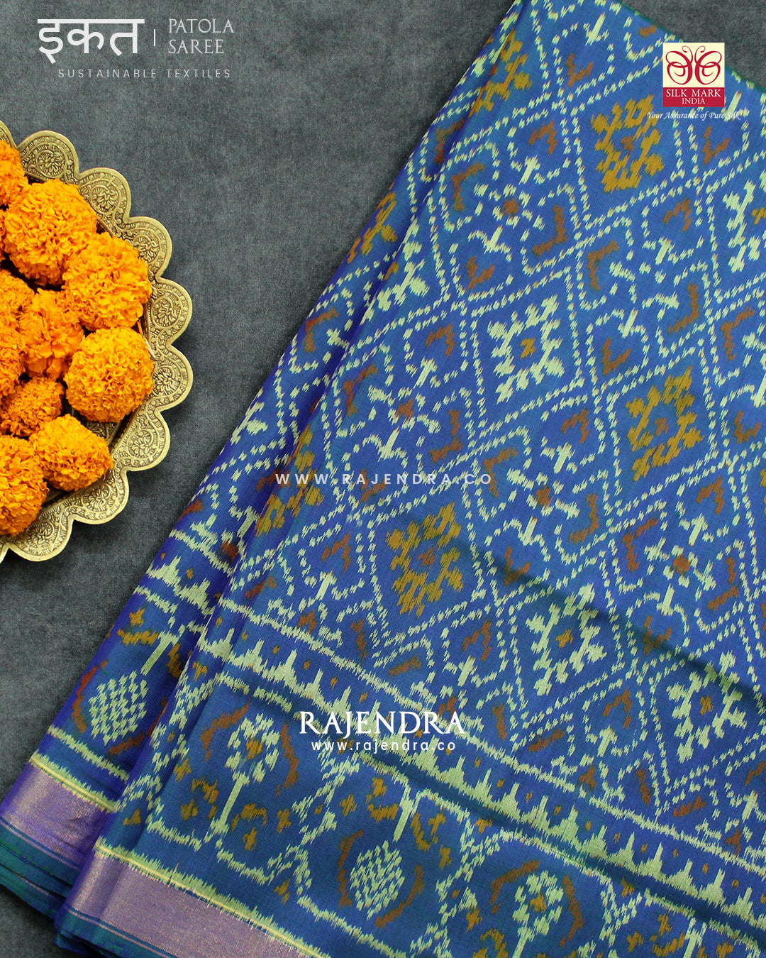 Traditional Panchanda Bhat Blue Single Ikat Rajkot Patola Saree