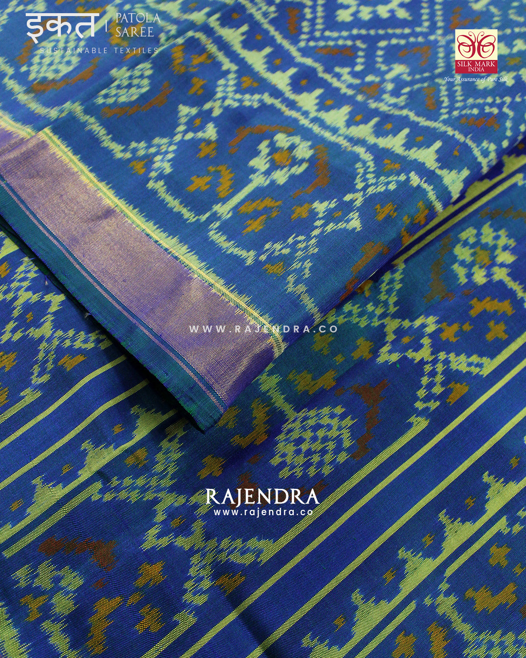 Traditional Panchanda Bhat Blue Single Ikat Rajkot Patola Saree