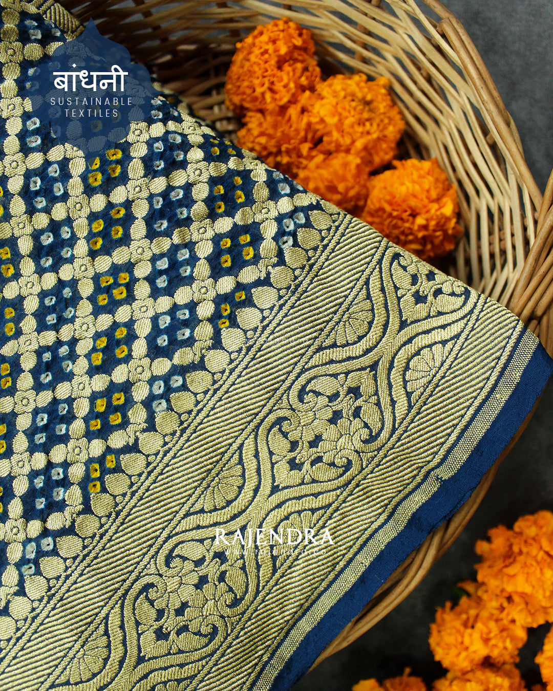 Traditional Khadi Georgette Dark Rama Blue Banarasi Bandhani Saree