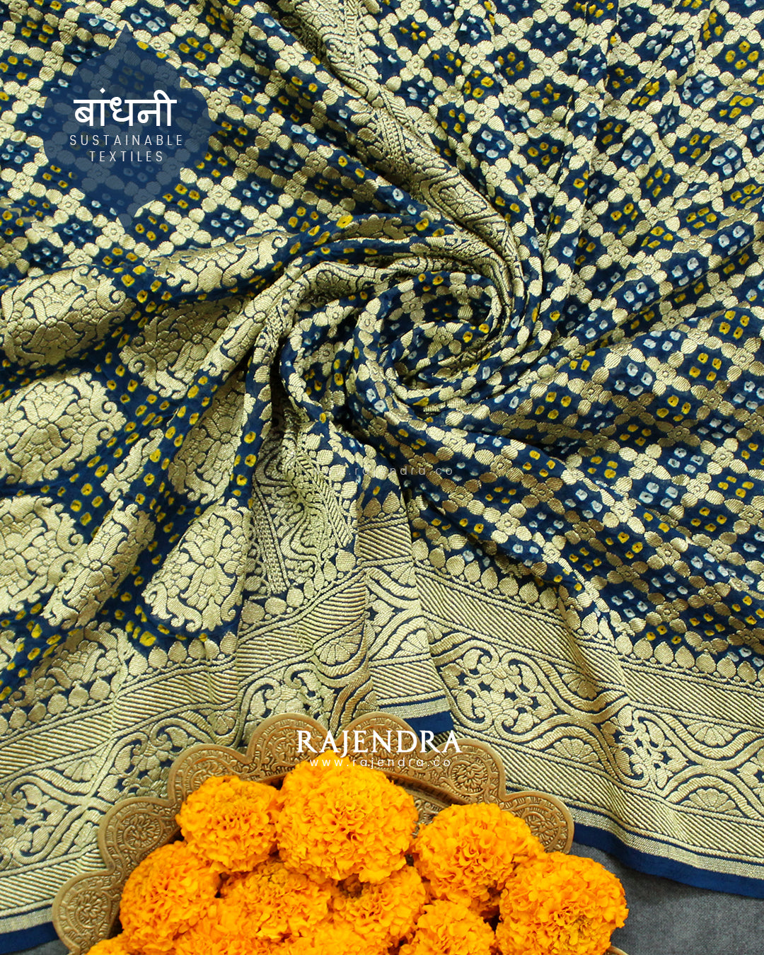 Traditional Khadi Georgette Dark Rama Blue Banarasi Bandhani Saree