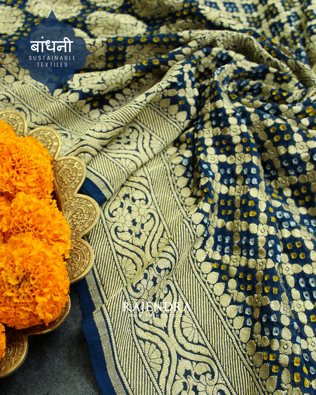 Traditional Khadi Georgette Dark Rama Blue Banarasi Bandhani Saree