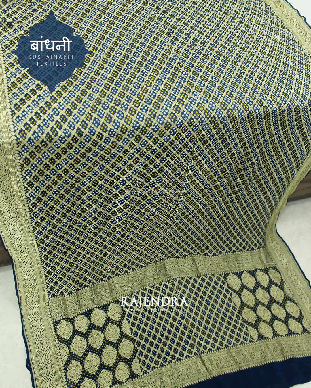Traditional Khadi Georgette Dark Rama Blue Banarasi Bandhani Saree