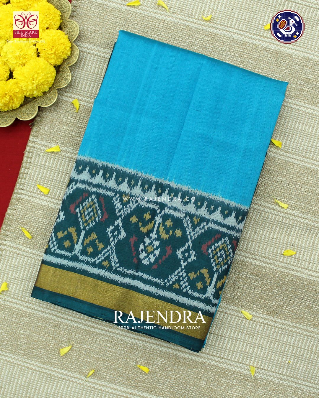 Traditional Rama Green and Blue Gala Border Single Ikat Rajkot Patola Saree
