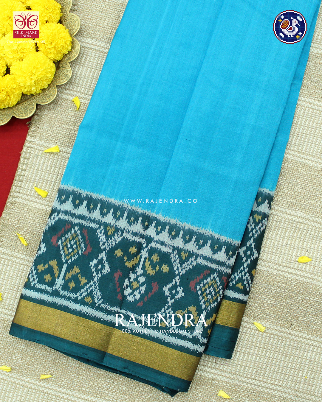 Traditional Rama Green and Blue Gala Border Single Ikat Rajkot Patola Saree