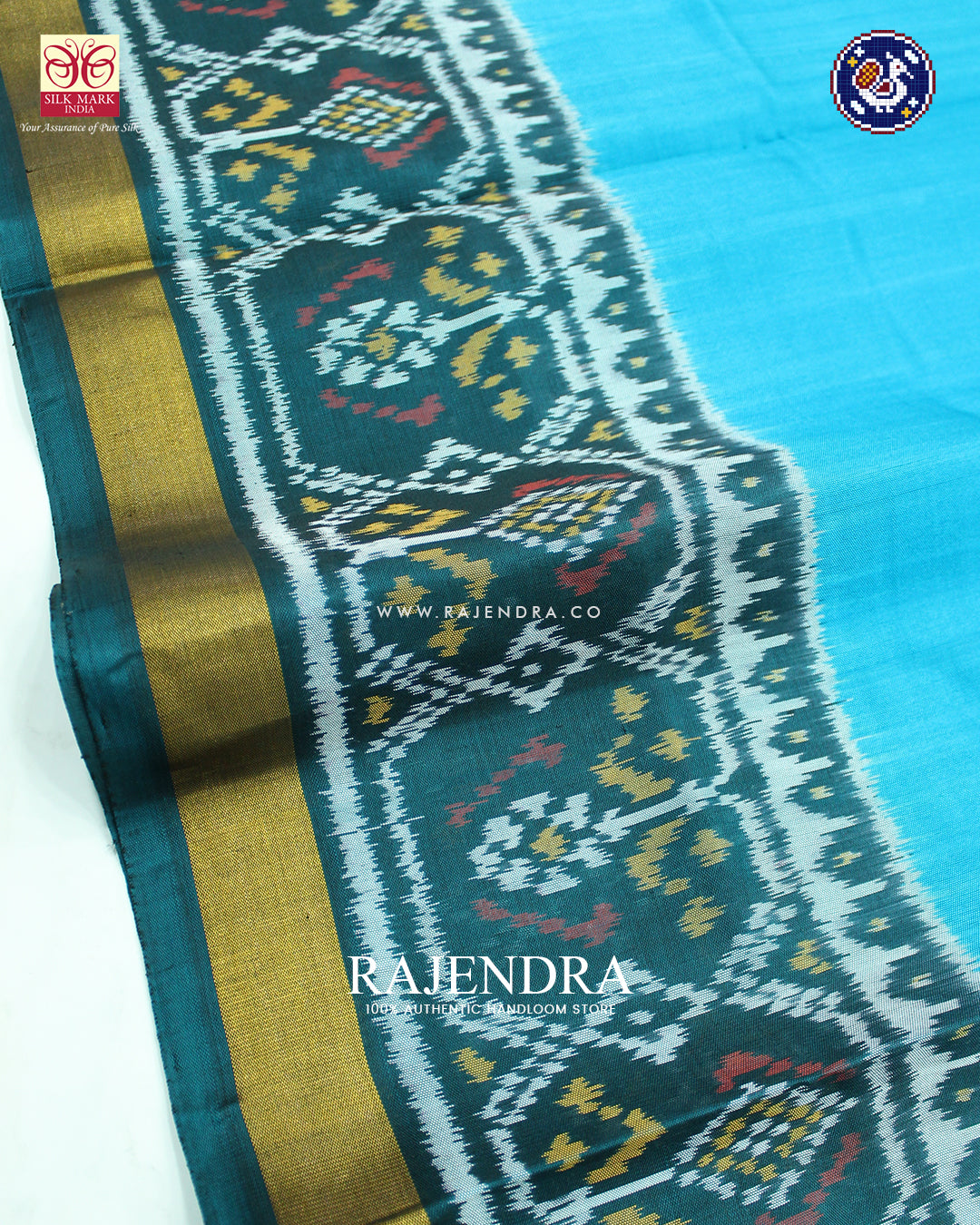 Traditional Rama Green and Blue Gala Border Single Ikat Rajkot Patola Saree
