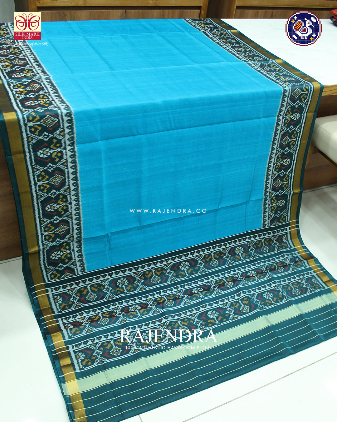 Traditional Rama Green and Blue Gala Border Single Ikat Rajkot Patola Saree