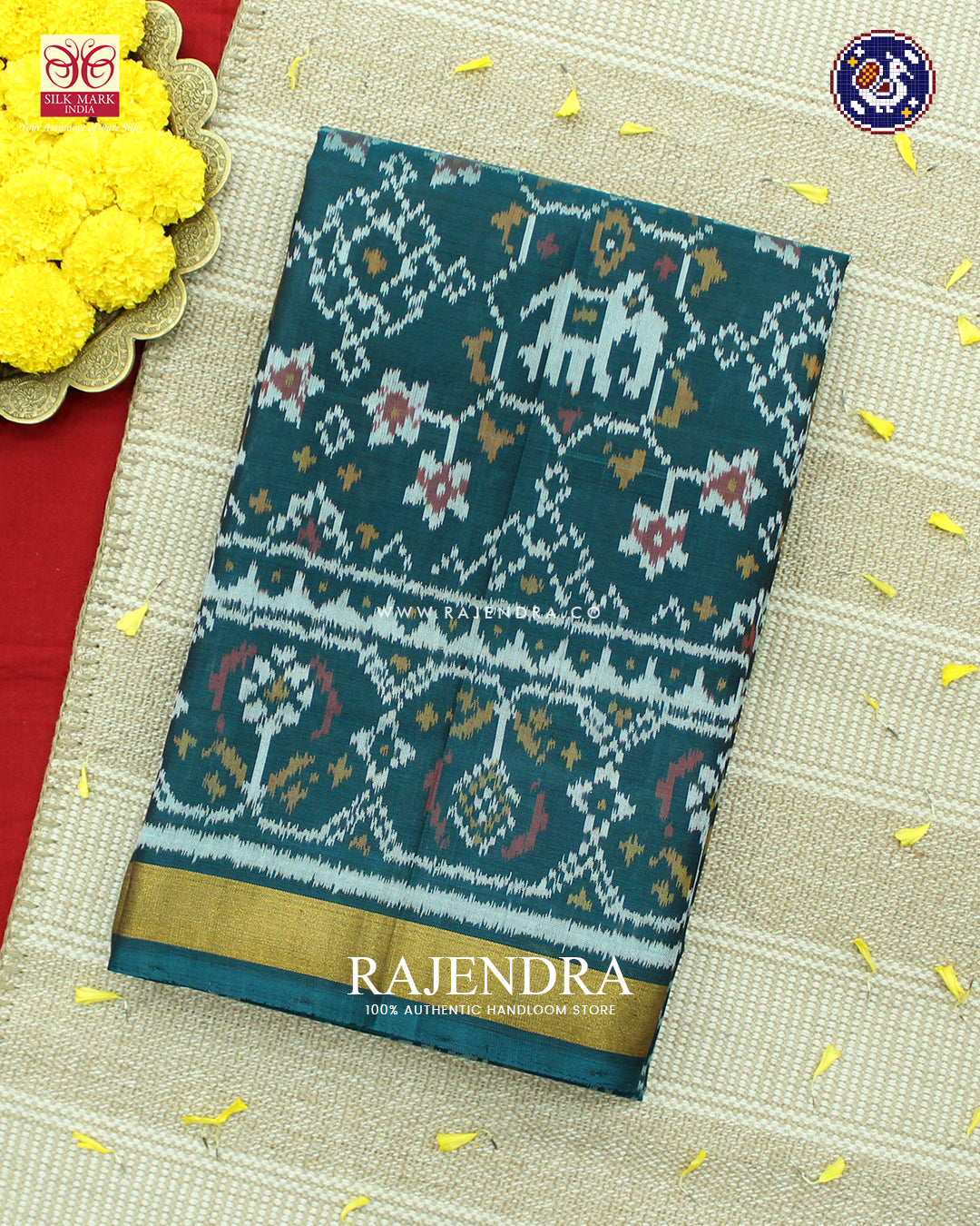 Traditional Navratna with Elephant Motif Rama Green Rajkot Patola Saree