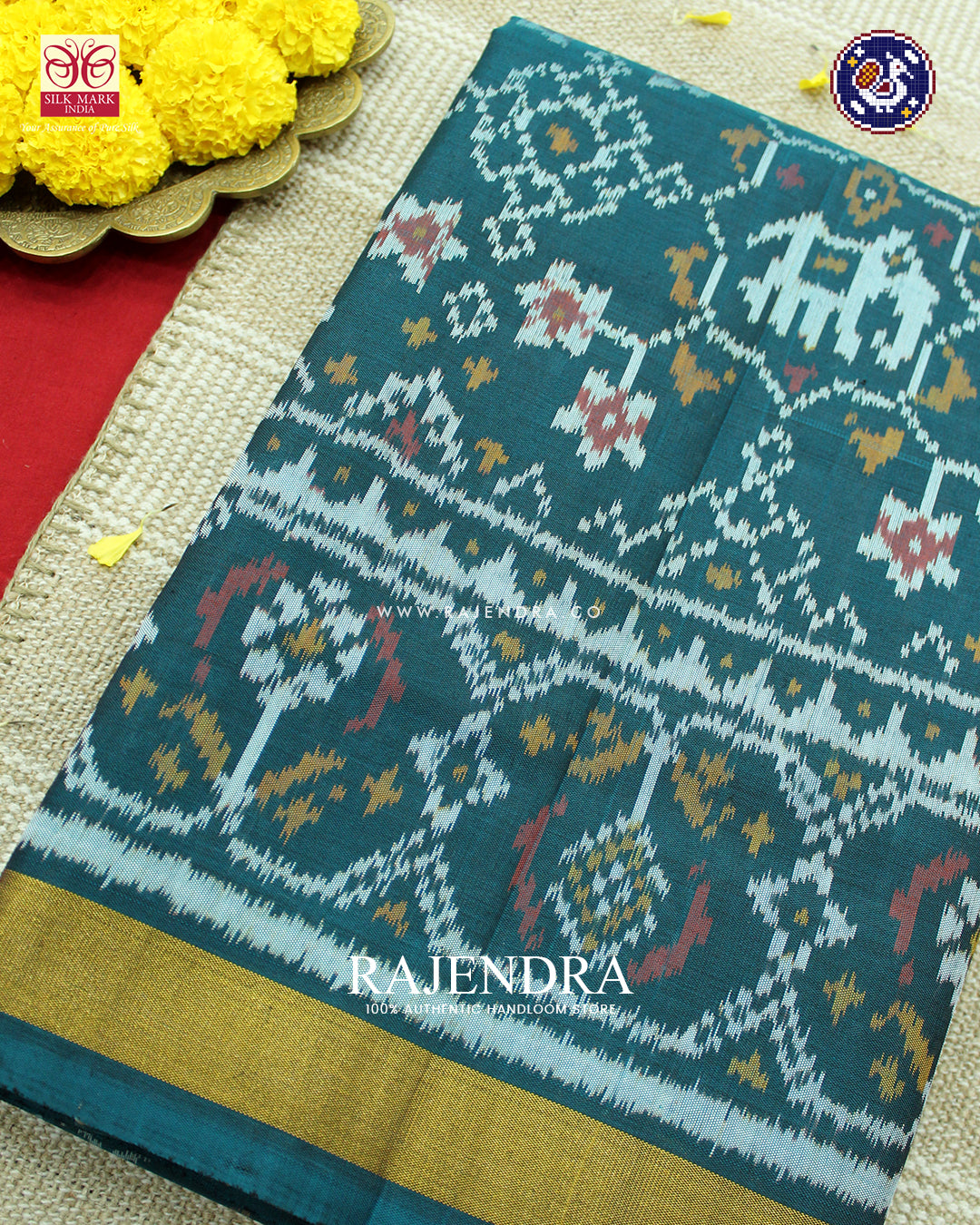 Traditional Navratna with Elephant Motif Rama Green Rajkot Patola Saree