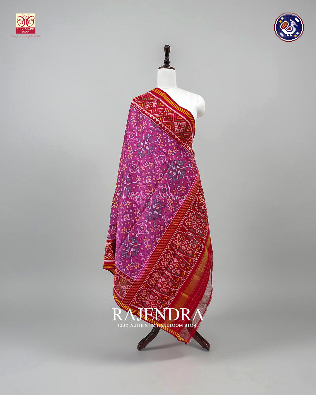 Traditional Navratna Design Red and Baby Pink Ikat Rajkot Patola Dupatta