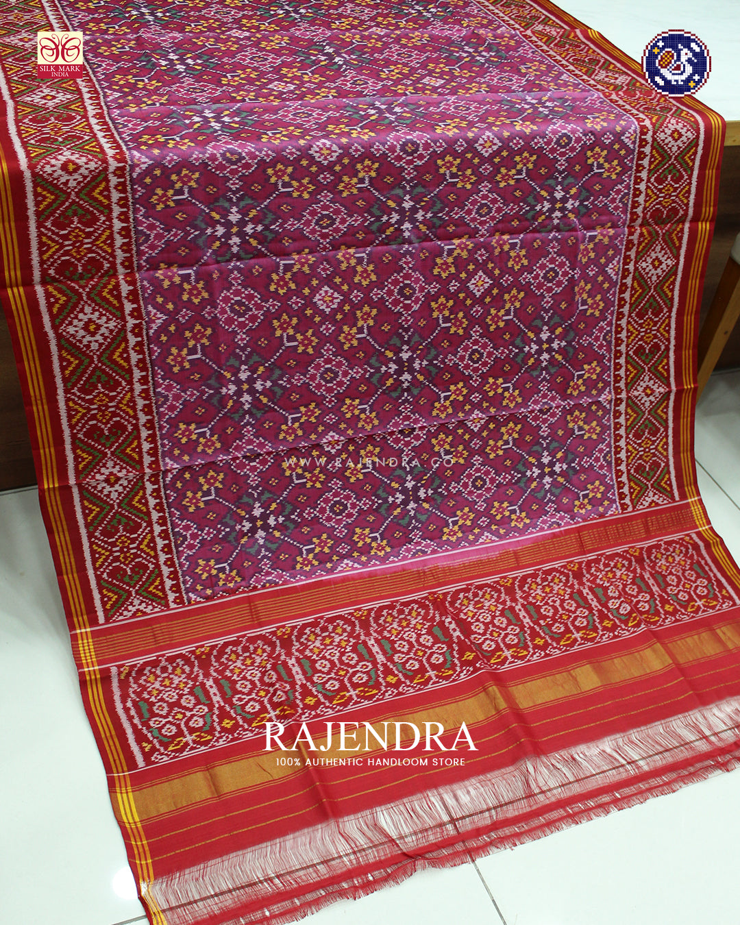 Traditional Navratna Design Red and Baby Pink Ikat Rajkot Patola Dupatta