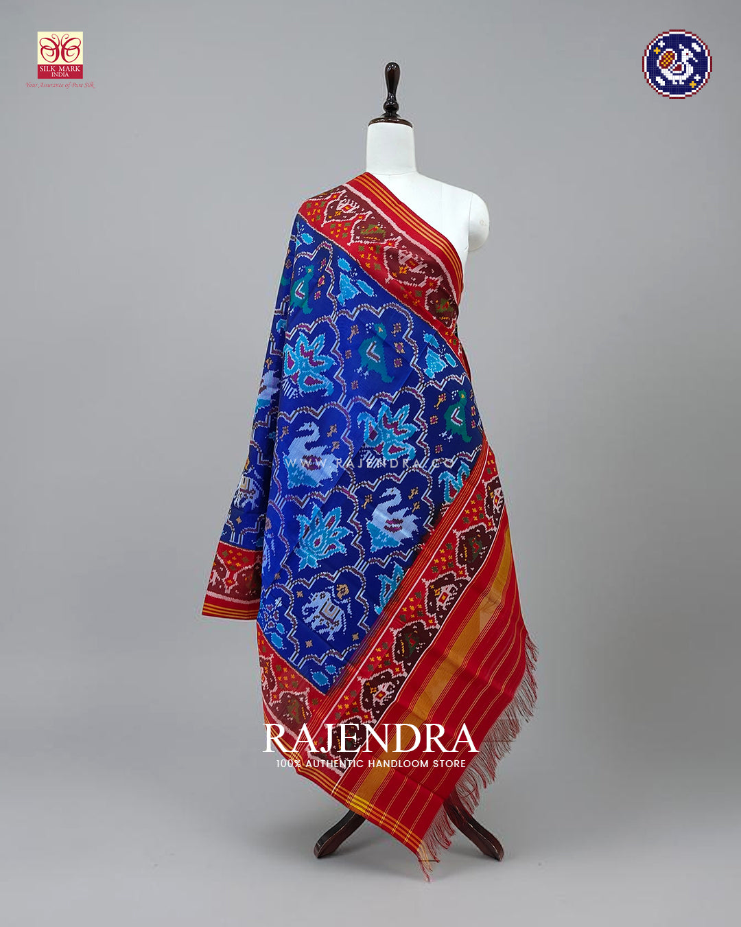 Traditional 3 Figure Design Red and Blue Ikat Rajkot Patola Dupatta