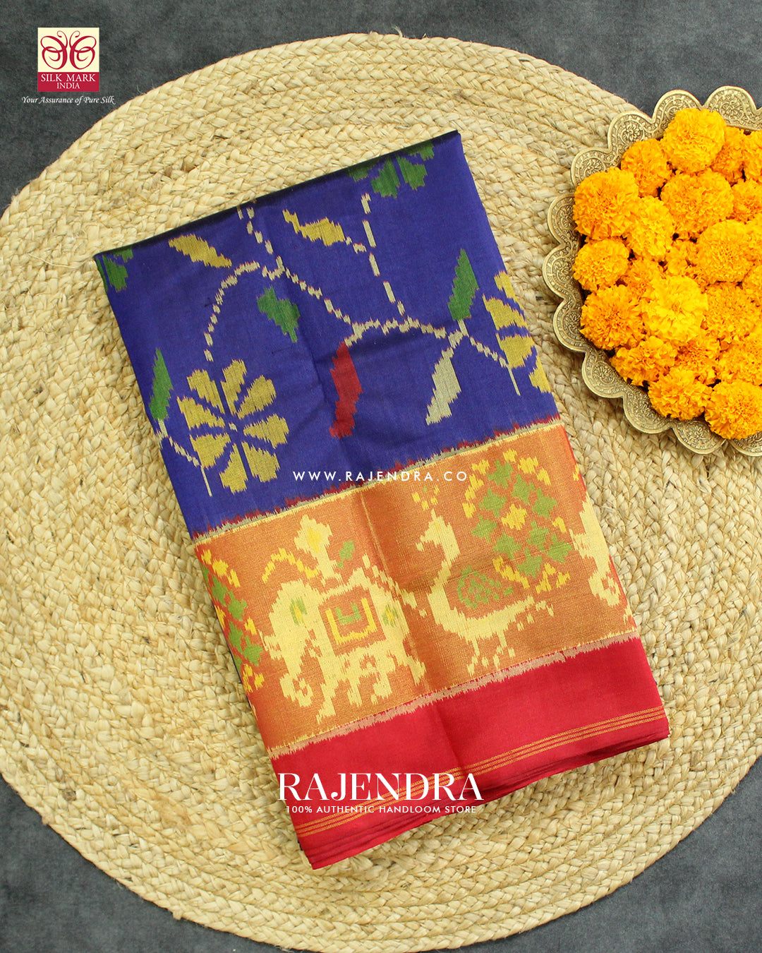 Fancy Flowers Design Red and Blue  Single Ikat Rajkot Patola Saree