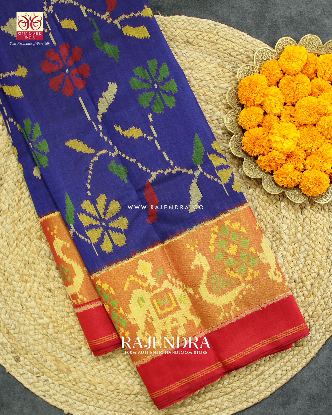 Fancy Flowers Design Red and Blue  Single Ikat Rajkot Patola Saree