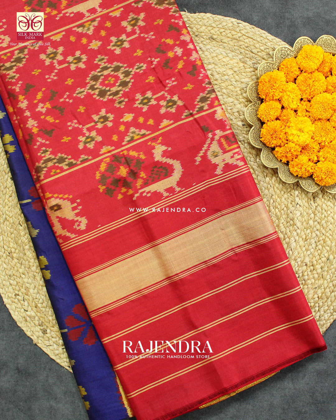 Fancy Flowers Design Red and Blue  Single Ikat Rajkot Patola Saree