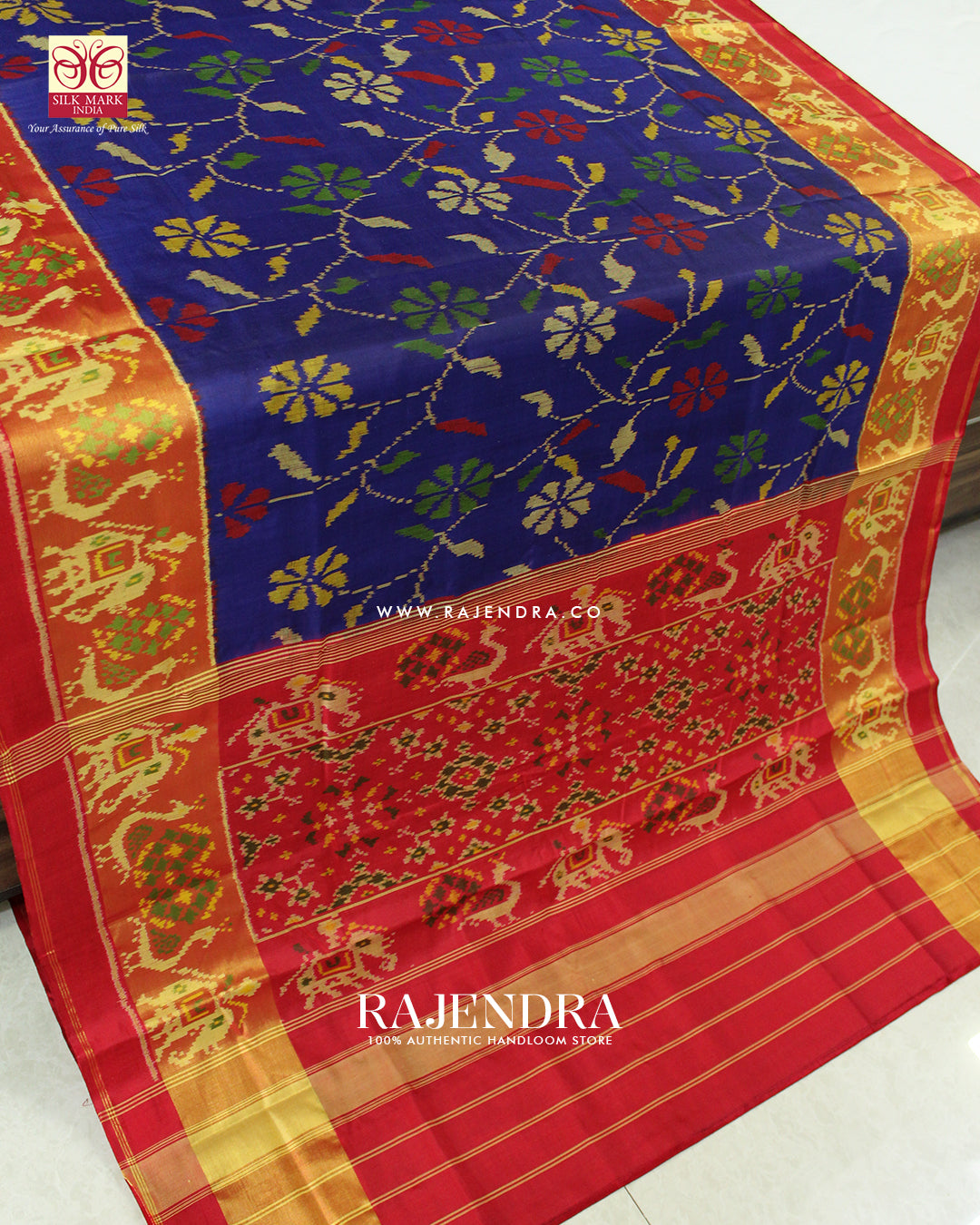 Fancy Flowers Design Red and Blue  Single Ikat Rajkot Patola Saree