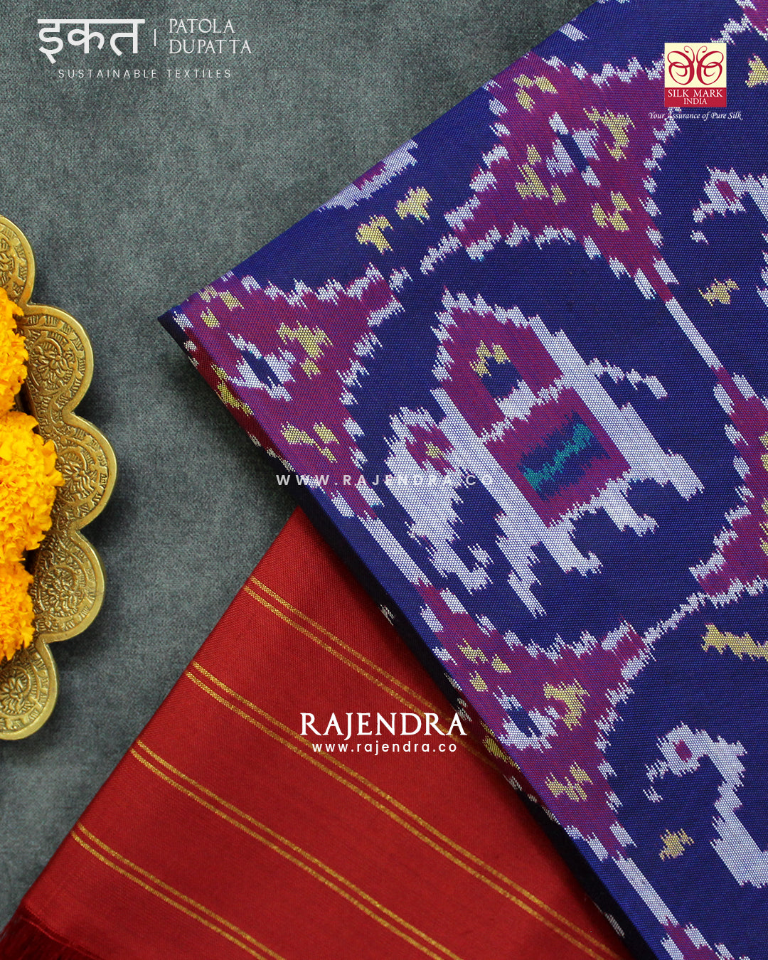 Traditional 2 Figure Red and Blue Semi Double Ikat Rajkot Patola Dupatta