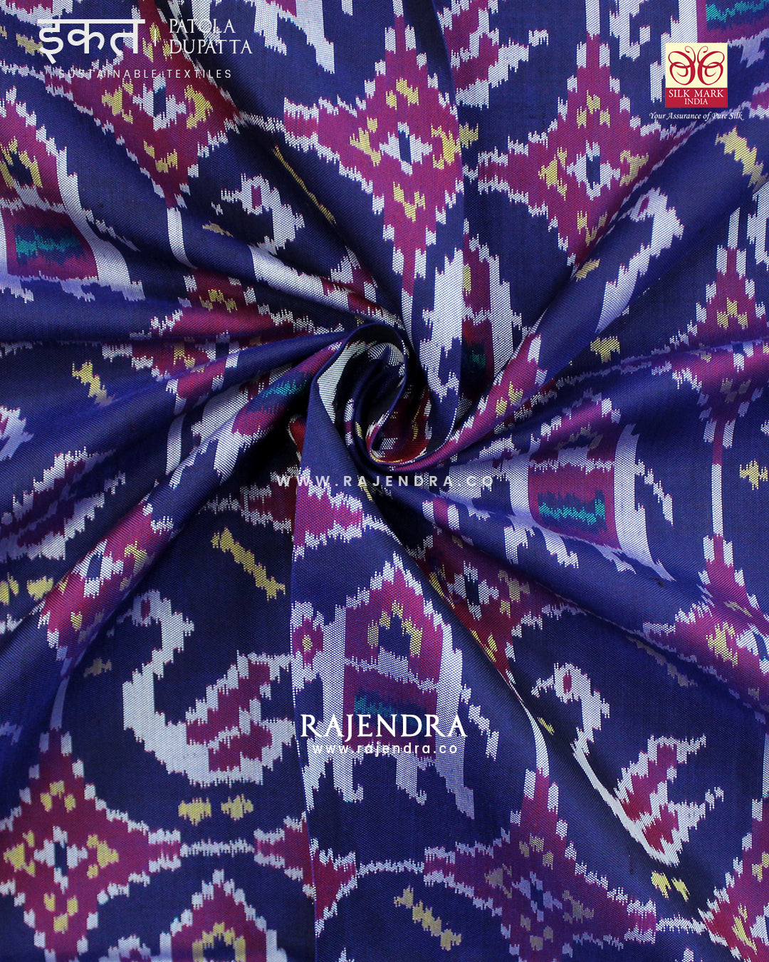 Traditional 2 Figure Red and Blue Semi Double Ikat Rajkot Patola Dupatta