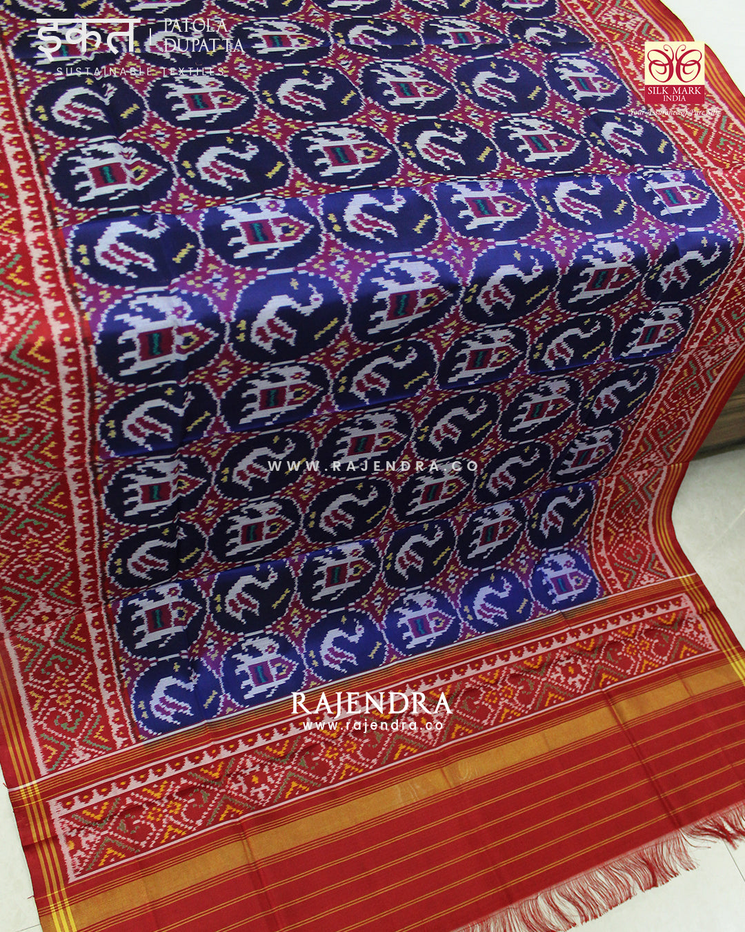 Traditional 2 Figure Red and Blue Semi Double Ikat Rajkot Patola Dupatta