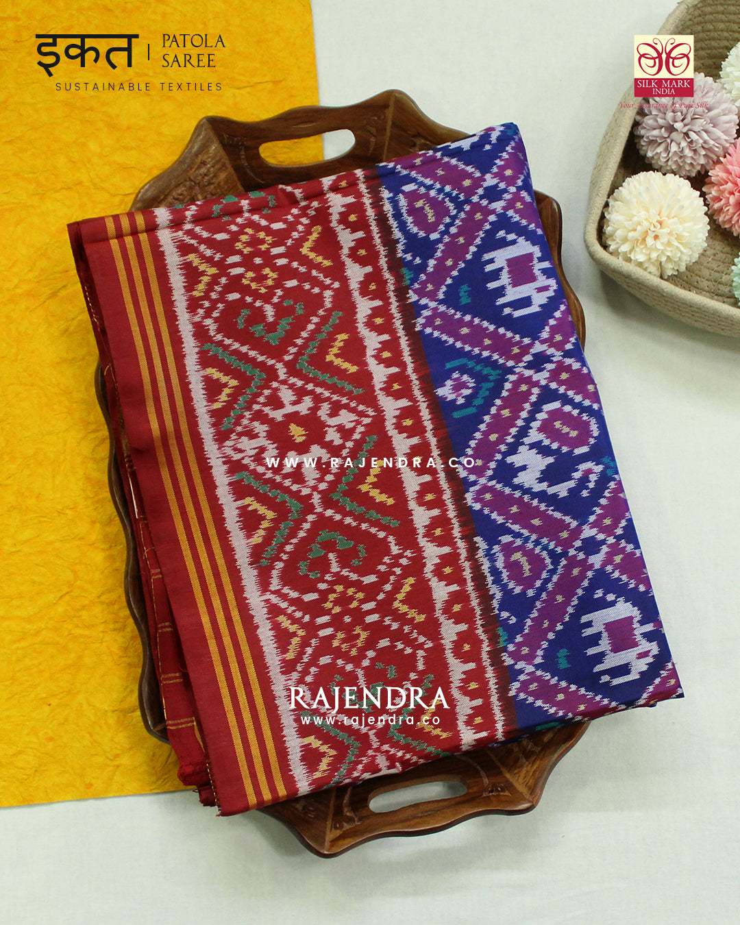Traditional Hathi Popat Design Red and Blue Semi Double Ikat Rajkot Patola Saree