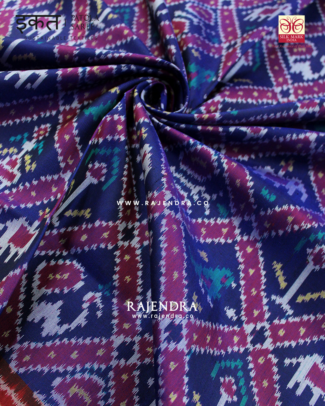 Traditional Hathi Popat Design Red and Blue Semi Double Ikat Rajkot Patola Saree
