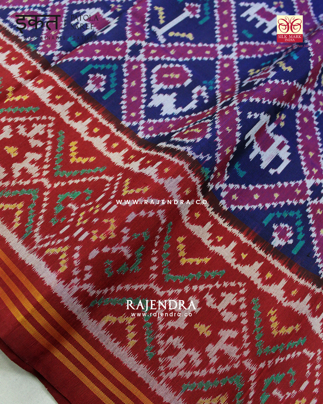 Traditional Hathi Popat Design Red and Blue Semi Double Ikat Rajkot Patola Saree