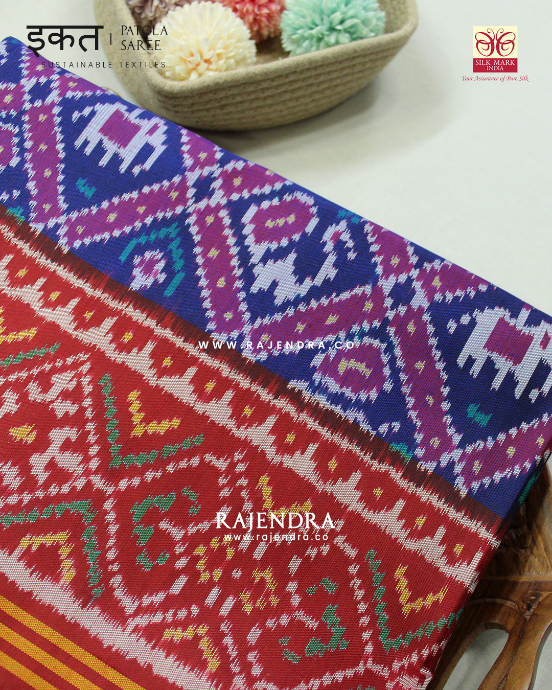 Traditional Hathi Popat Design Red and Blue Semi Double Ikat Rajkot Patola Saree