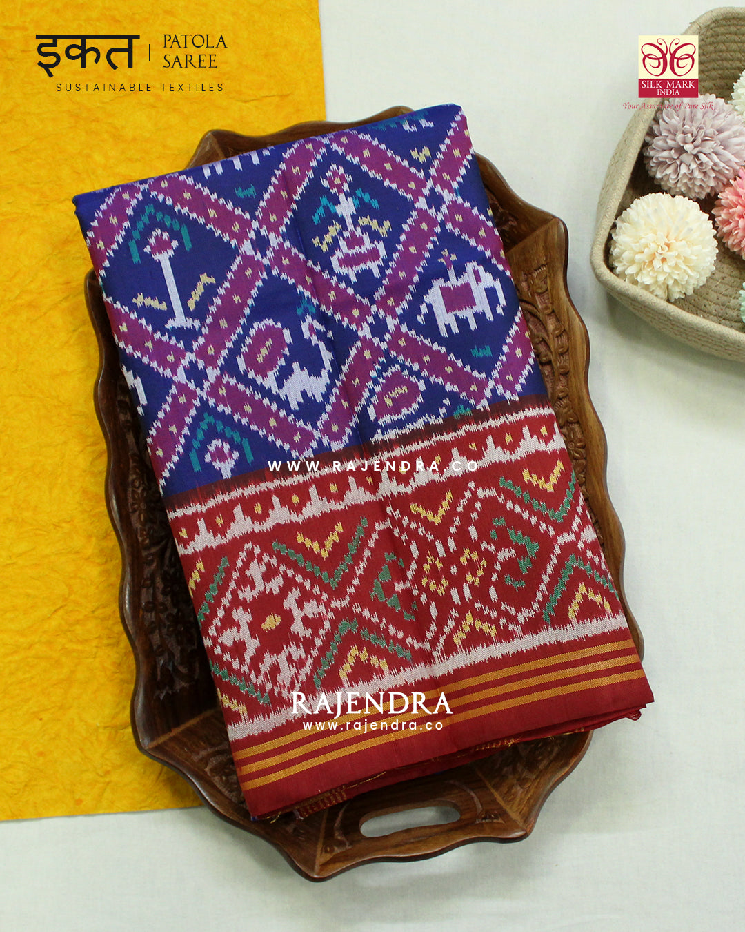 Traditional Hathi Popat Design Red and Blue Semi Double Ikat Rajkot Patola Saree