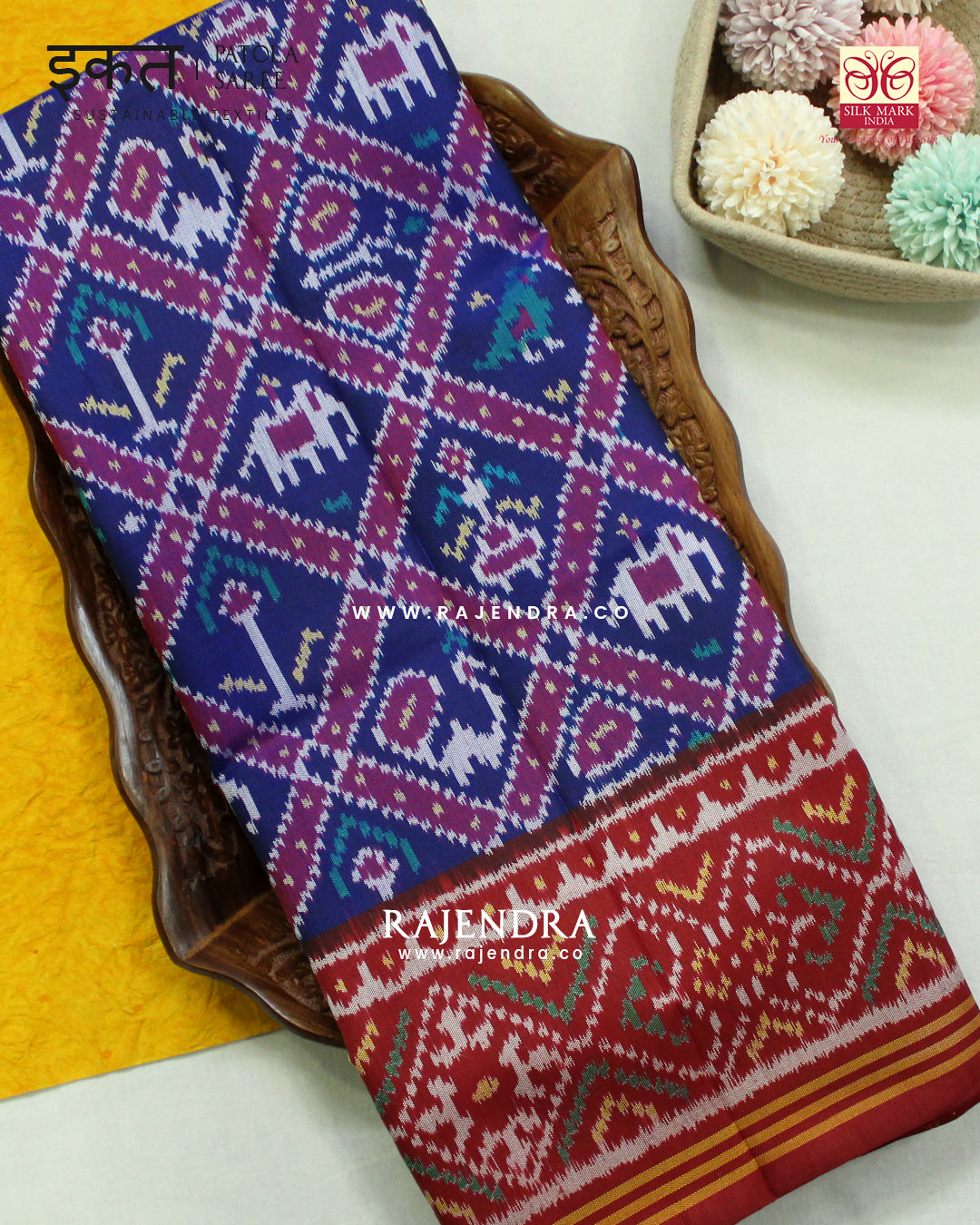 Traditional Hathi Popat Design Red and Blue Semi Double Ikat Rajkot Patola Saree